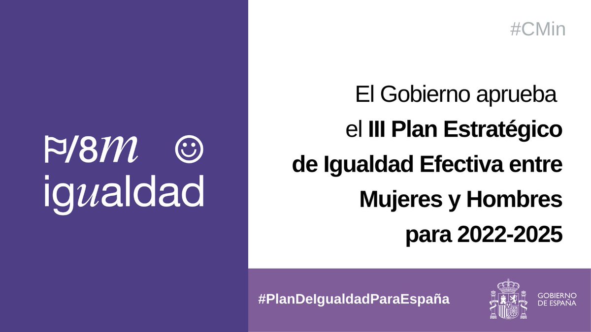 El Gobierno aprueba el III Plan Estratégico de Igualdad Efectiva entre Mujeres y Hombres para 2022-2025. Impulsa las políticas feministas de forma transversal en todas las administraciones y departamentos.