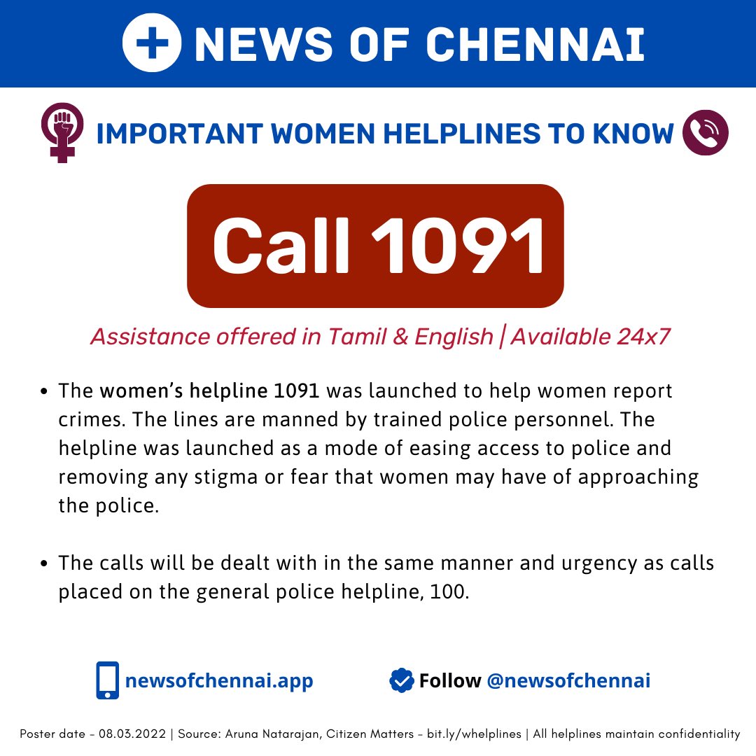 newsofchennai's tweet photo. ☎️ 181 (TN State helpline for Women)

☎️ 1091 (TN police helpline dedicated for women)

☎️ 1800 102 7282 (@pcvc2000)

☎️ 044-2464000 (Sneha suicide prevention helpline)

#HappyWomensDay #WomensDay #WomenHelplines #Women #Girls #March8 #Chennai #TamilNadu #India #NewsofChennai https://t.co/3tNHl0OyQc