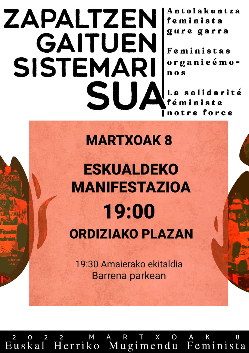 📢 GAUR GAUR GAUR GAUR
Iritsi da eguna! Zapaltzen gaituen sistemari su ematera goaz! 🔥
...
Batu mobilizaziora!
    | 19:00etan Ordiziako Plazatik
   Ondoren:
    | 19:30etan Ekitaldia Barrenan
...
Zeren zain zaude?
Batu borrokara ✊🏼💥
#GoraBorrokaFeminista