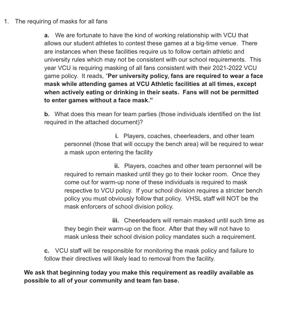 Mask policy for Thursday’s ⁦<a href="/VHSL_/">VHSL Athletics</a>⁩ Class 4 state championship.  👀👇 We’ve done the right thing for two years—please don’t mess this up for our Lady Pioneers!