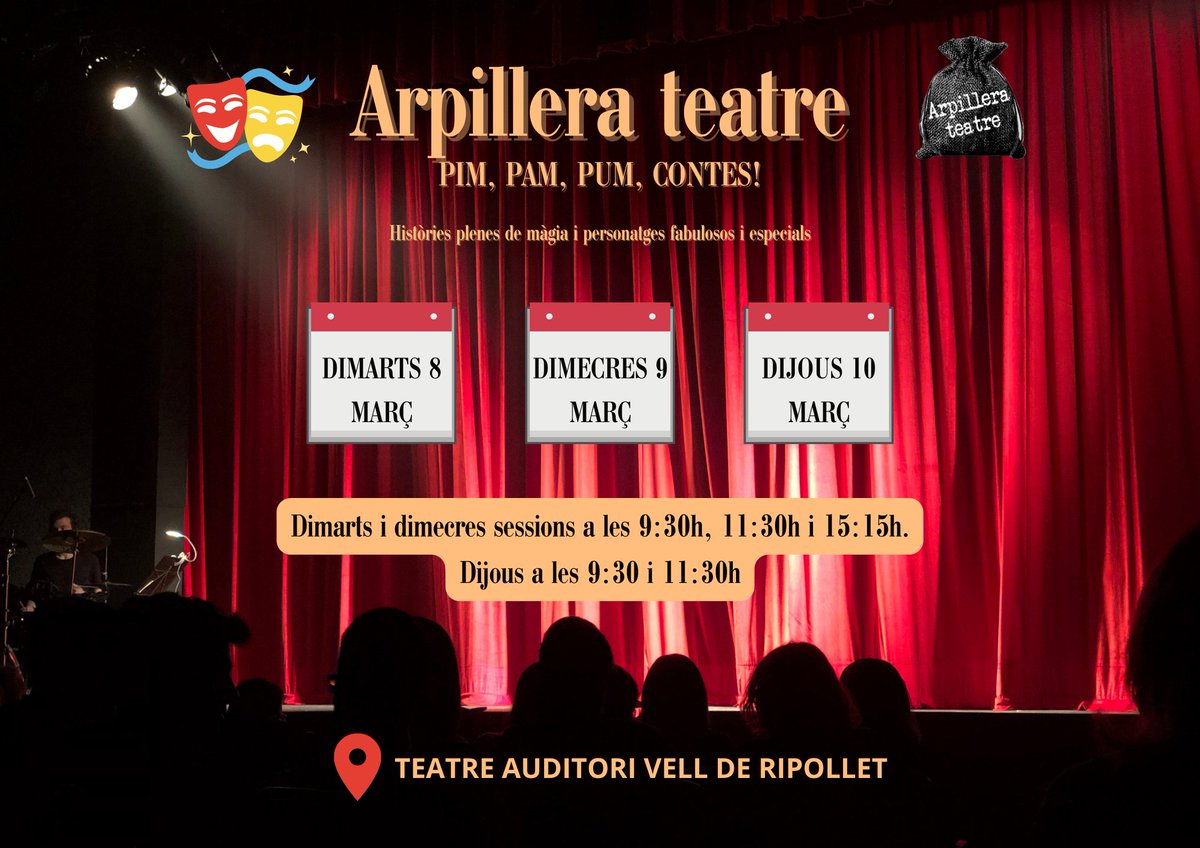 trifusio's tweet photo. 🎭👑💫Recull de contes d'ARPILLERA TEATRE per als més petits de Ripollet. Des d'avui fins dijous al Teatre Auditori Municipal! https://t.co/LvvRAb5aik