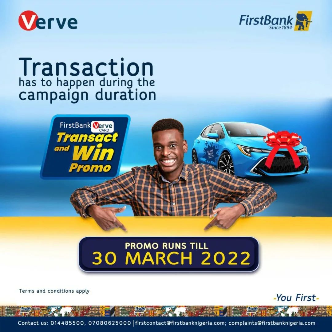Tegadeyforyou's tweet photo. Guys! Don't forget the Firstbank #FirstBankVerveCard Transact and Win Promo is running up until 30th of March. The more transactions you perform, the better your chances of winning the grand prize, a brand new saloon car!
Follow @firstbankngr for more info. #TransactandWinPromo https://t.co/x5AchCpNEQ