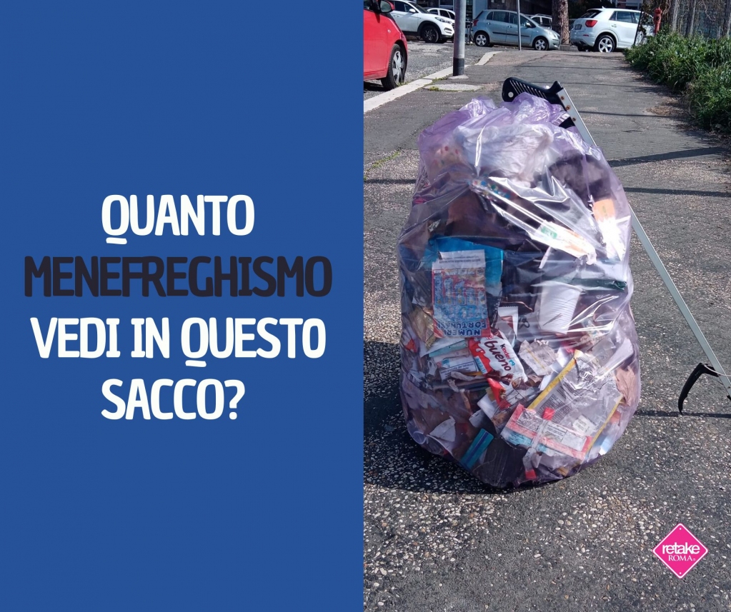 Retake_Roma's tweet photo. Ogni cartaccia, mascherina, lattina, rifiuto contenuto in questa busta equivale al gesto di qualcuno che se ne frega. Quanto menefreghismo vedi in questo sacco?
I care. #Mimporta #RomaSiamoNoi https://t.co/XEQ1pufQAO
