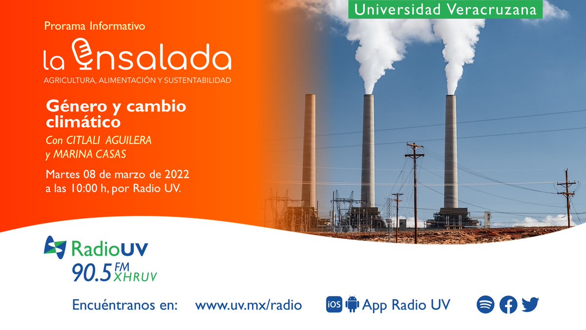 RadioUV's tweet photo. Esta mañana en #LaEnsalada recibiremos a Marina Casas Varez, especialista en cambio climático y equidad de género de @cepal_onu. ¡No te pierdas el programa de hoy donde hablraremos sobre "Género y cambio climático" 🌎! 
Escucha en punto de las 10:00 h | 90.5 FM y en línea. https://t.co/Bu2AHn4896