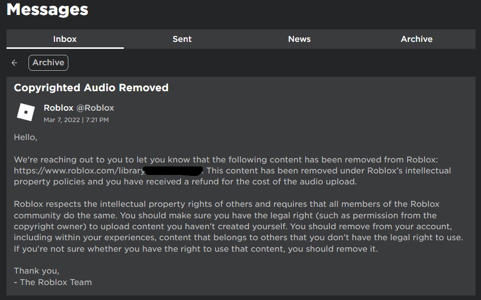 BeastyBlake101 on X: Roblox removing audio for copyright but giving  absolutely no indication of what it was  / X