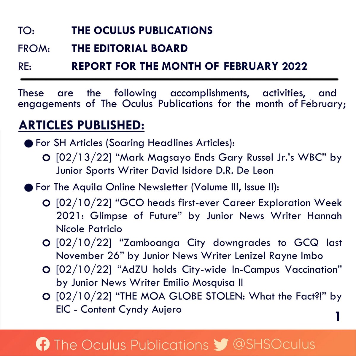 SHSOculus's tweet photo. READ | Here's The Oculus Publications' accomplishment report for January 2022.
For the information of everyone.
#WithTruthAndCourage
#WeWriteWithPurpose https://t.co/FmDCJGcfgl