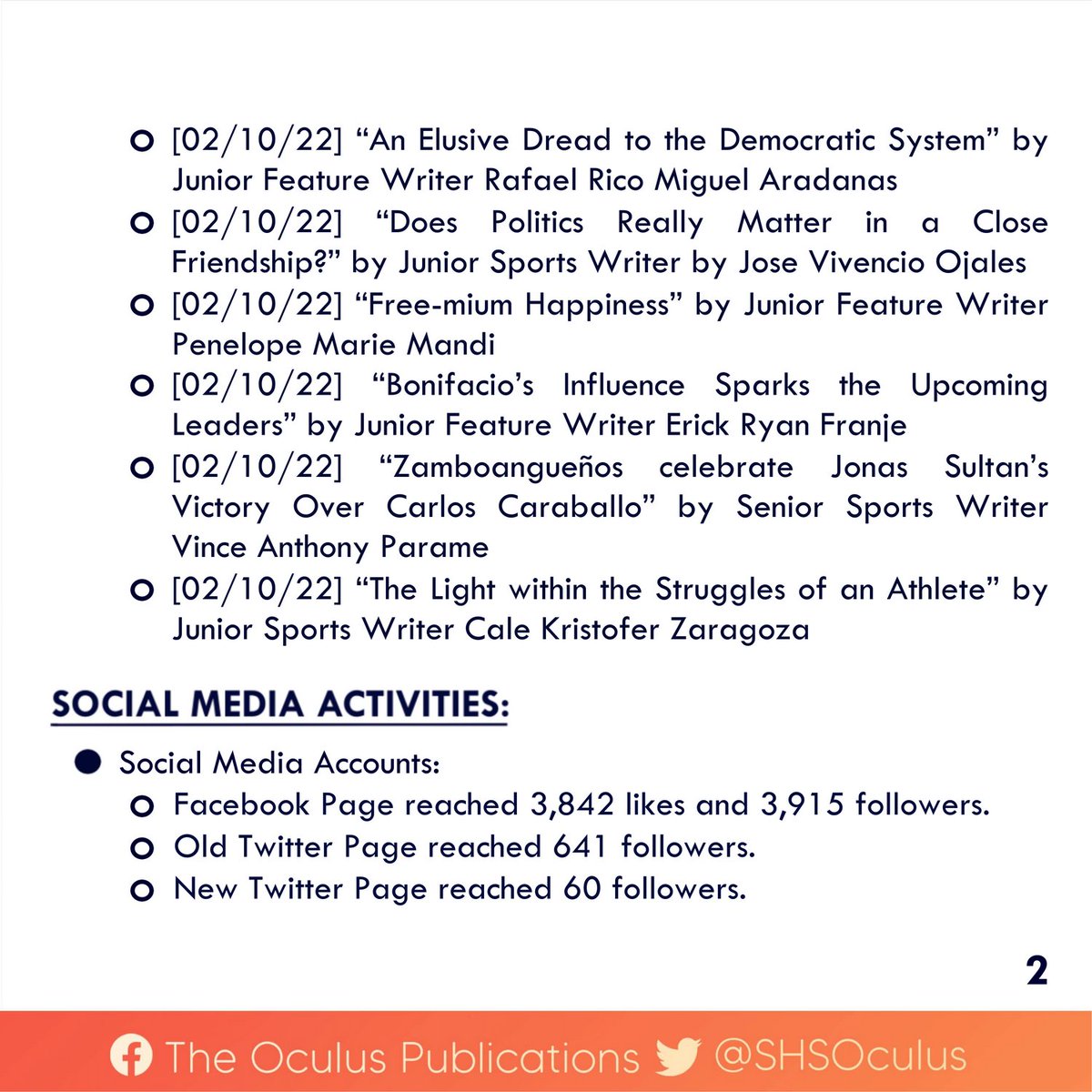 SHSOculus's tweet photo. READ | Here's The Oculus Publications' accomplishment report for January 2022.
For the information of everyone.
#WithTruthAndCourage
#WeWriteWithPurpose https://t.co/FmDCJGcfgl