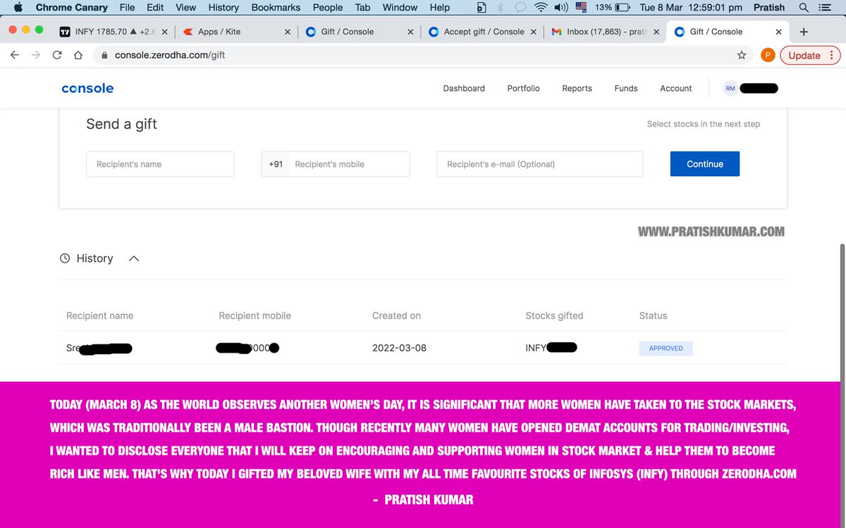 pratishkumar's tweet photo. It doesn't matter how small your contributions or gifts are, but support Women. Happy Women's Day. Thank you @zerodha  for this awesome feature. #zerodha #gift #stockmarket #stocks #infy #infosys #india #news #womensday #women #womensdaygift https://t.co/ixFwYXLRm2