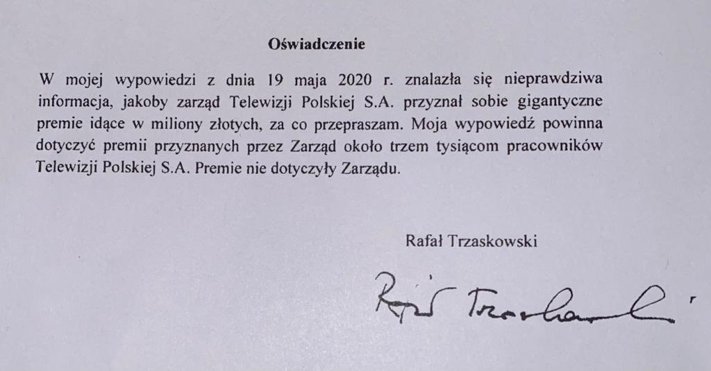 Było kłamstwo - są przeprosiny.
W związku z upływającym dziś terminem wykonania postanowień ugody, zawartej w wyniku procesu sądowego, podaję do wiadomości oświadczenie Rafała Trzaskowskiego. Chcę wierzyć, że to szczera autorefleksja a nie tylko obawa przed karą za zniesławienie.
