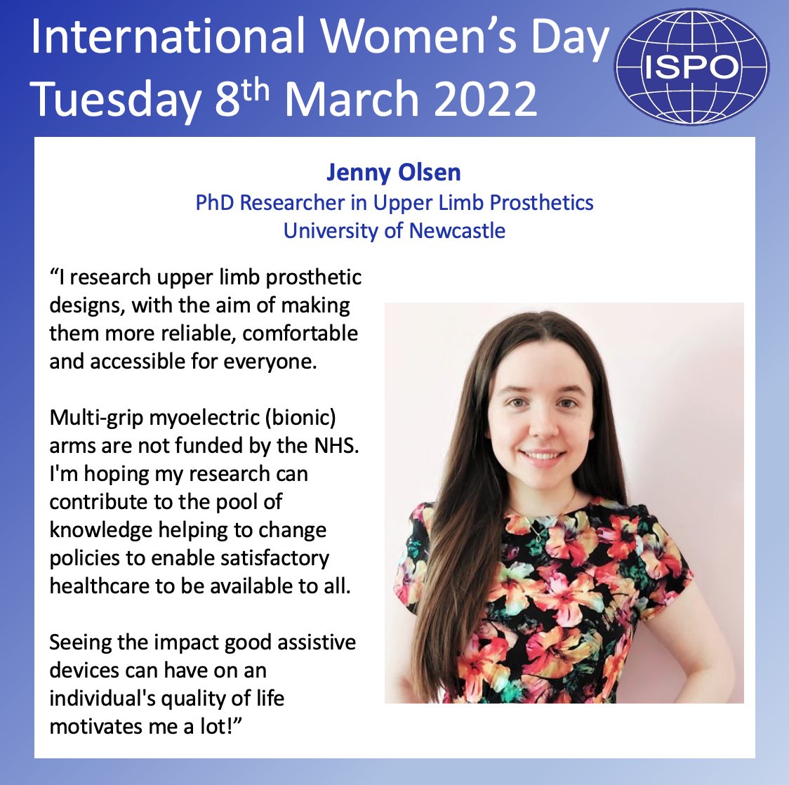 Engineering #PhD researcher @JennyOlsenEng is using her skills to help ensure satisfactory healthcare is available to all, with a focus on upper limb #prosthetics.

#InternationalWomensDay #IWD2022 #WomenInSTEM #BreakTheBias