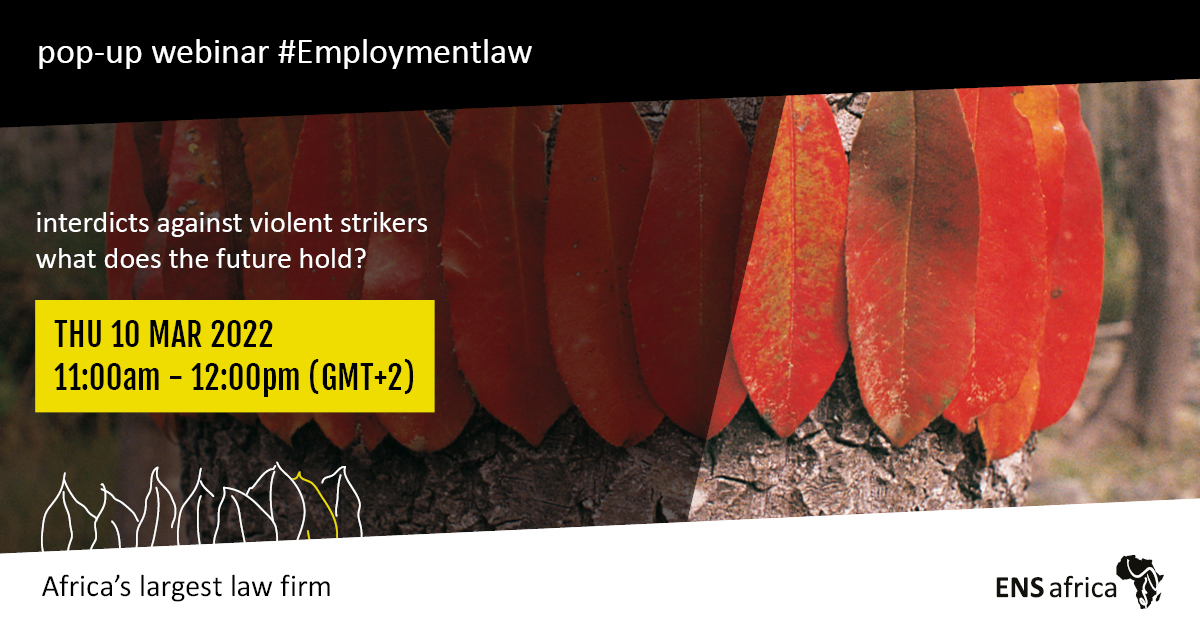 ENSlaw's tweet photo. Join us for a timely discussion on how a recent #ConCourt decision may affect your business when dealing with violent #strike action. Register here: https://t.co/DEdkWXDDKw 

#ENSafrica #employmentlaw https://t.co/WvsMJTvxZu