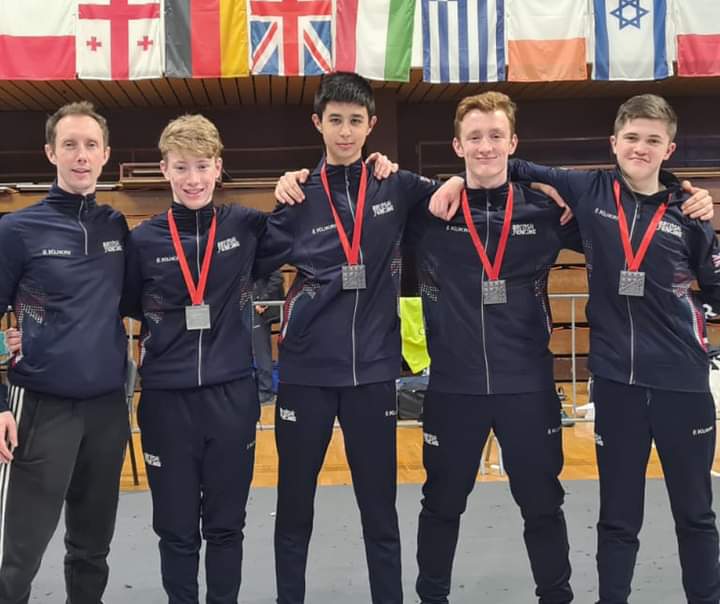 Jo_Walton's tweet photo. More bling for the GB boys at the European Cadet Championships. Silver in the Men's Foil teams for @JaimiecookF @callumpenman5 Nye and David. Awesome performances and brilliant team spirit. @curriechs @CurrieCHSPE @HTCCHS https://t.co/IGg5M6UFA2
