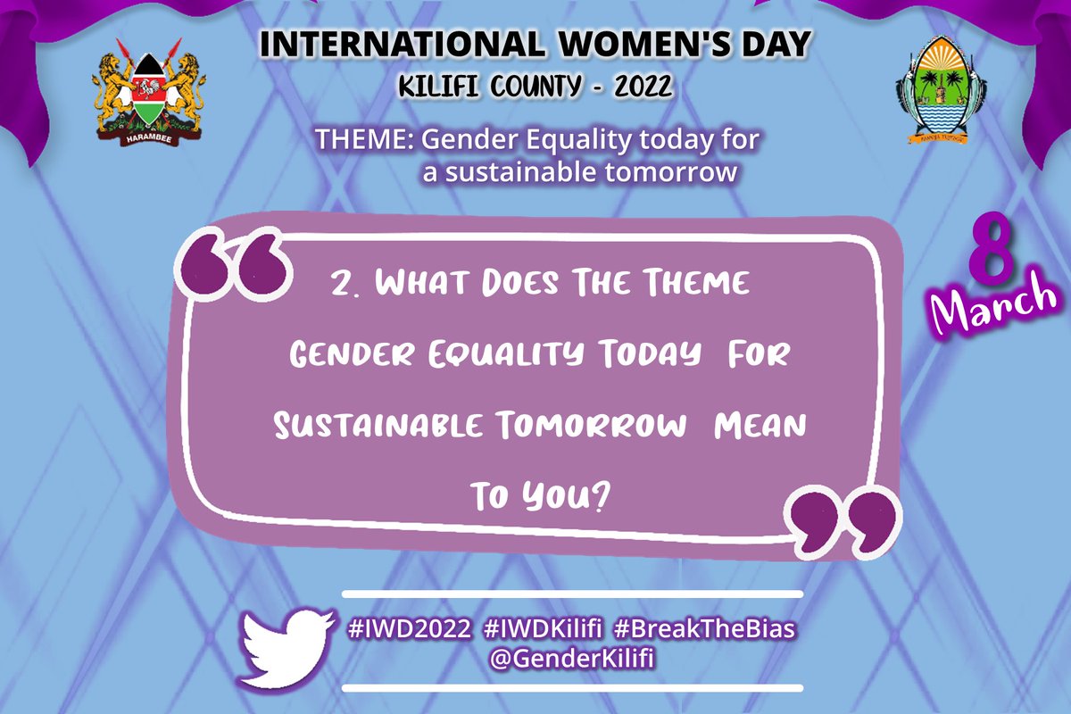 KoteSaid's tweet photo. @GenderKilifi @governorkingi @CSMargaretKobia @unwomenkenya @WEF_kenya @hearmyvoice_wn recognizing the contribution of women, who are leading the charge, to build a more sustainable future.
#BreakTheBias #IWDKilifi #IWD2022 @governorkingi @CSMargaretKobia @unwomenkenya @WEF_kenya @hearmyvoice_wn https://t.co/kKFYJoQwj7