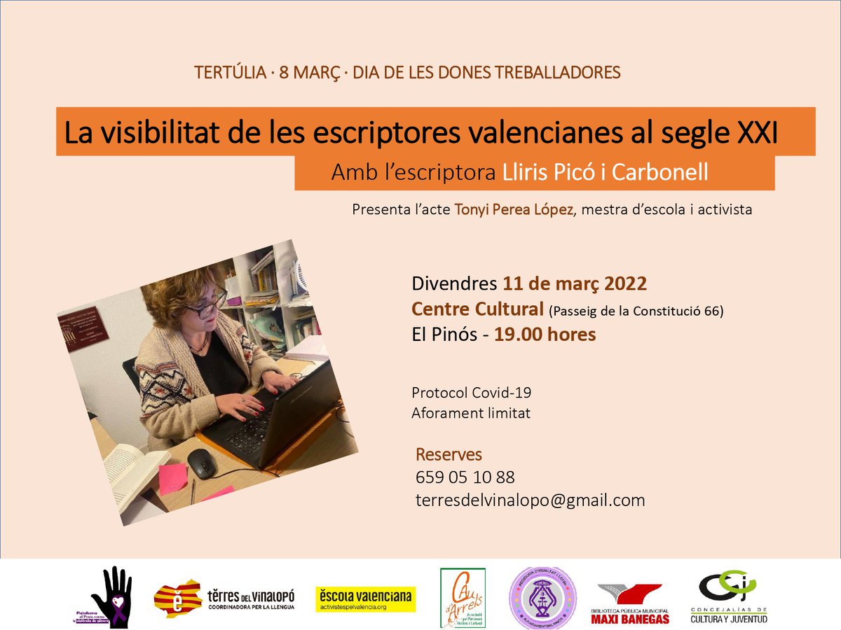 📢 Atenció! Hem organitzat la tertúlia literària "La visibilitat de les escriptores valencianes al segle XXI" amb l’escriptora d’Ibi Lliris Picó i Carbonell al Pinós pel #8M.