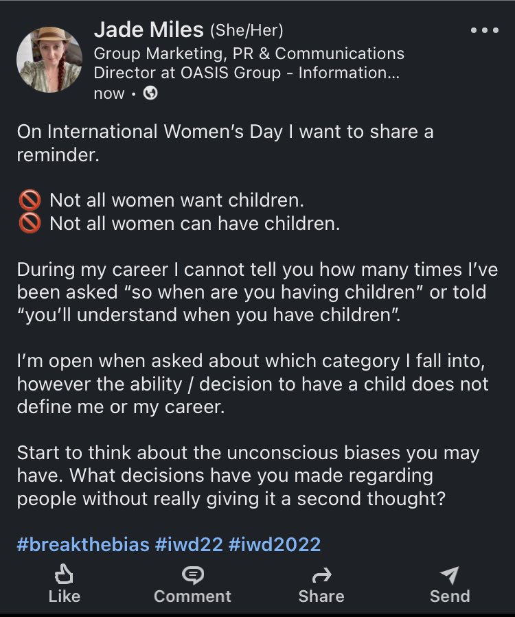 CommsJade's tweet image. I will challenge gender stereotypes, discrimination and bias. 

#BreakTheBias #InternationalWomensDay