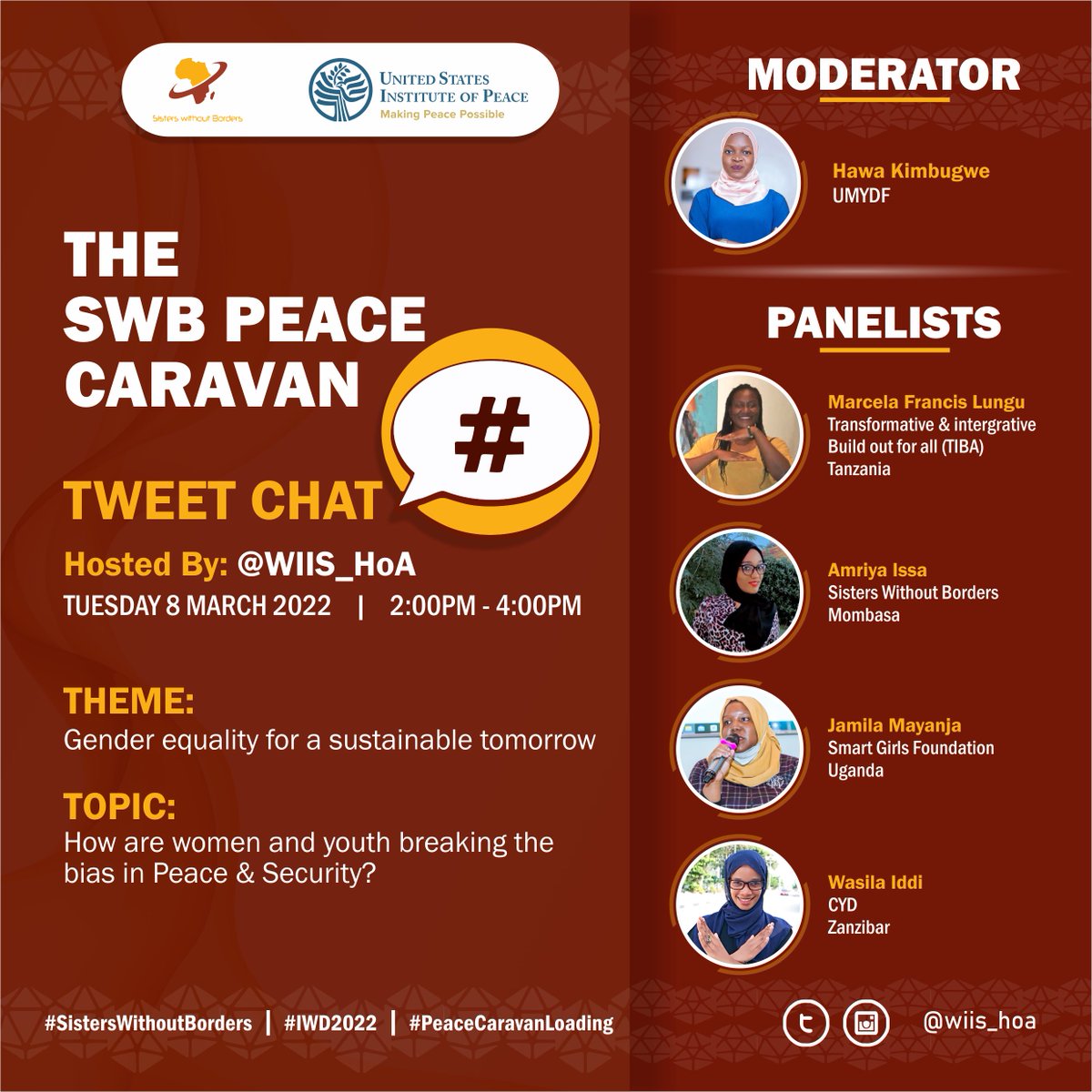 WIIS_HoA's tweet photo. We are delighted to announce our expert panelists joining us for our #SistersWithoutBorders Tweet Chat this #IWD2022: @AmriyaYahya, @HawaKimbugwe, @tiba_tanzania, @IddyWasila and @jamila_mayanja
Join at 14:00 EAT using the hashtags #PeaceCaravanLoading & #SistersWithoutBorders https://t.co/jxGpTGp9DS