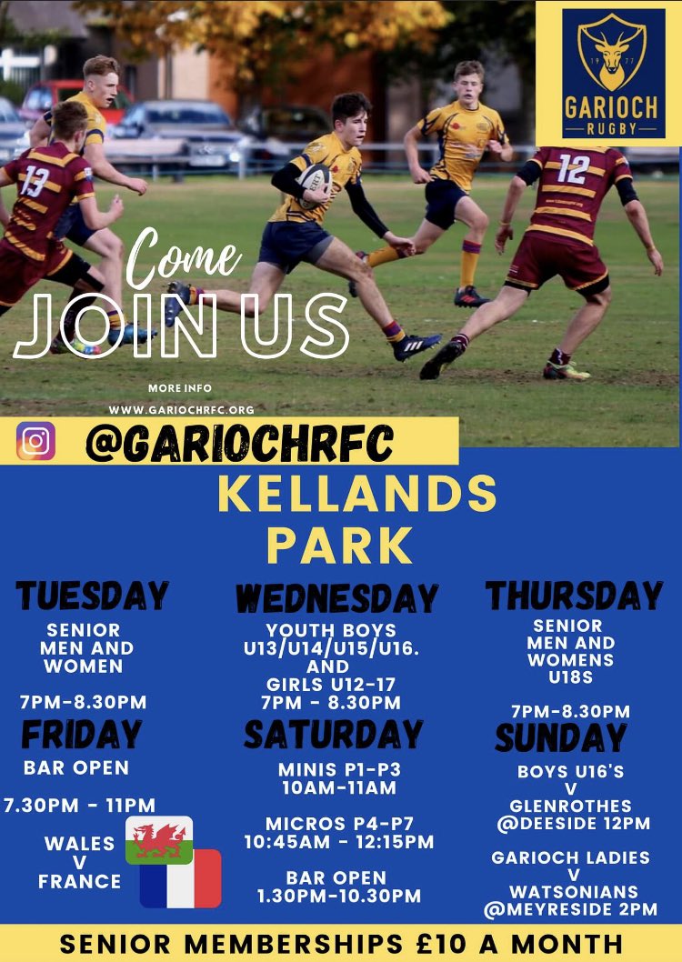 🔵🟡There’s a lot going on at Garioch this week, alongside the return of the 6 Nations. Please do come and get yourself involved!🟡🔵