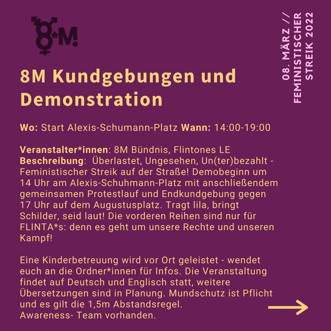 PrismaLE's tweet photo. Wir sehen uns später bei der Demo von @LeipzigStreik 💜

Um 14 Uhr gehts am Alexis-Schuhmann-Platz los 

#FeministischerKampftag https://t.co/mN4y83JXQQ