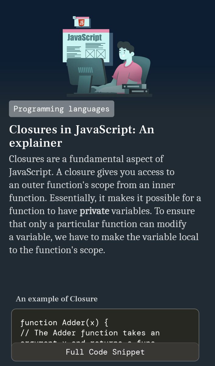 DevBytesApp's tweet image. JavaScript Fundamentals - Closures

#JavaScipt #100DaysOfCode #DevBytes