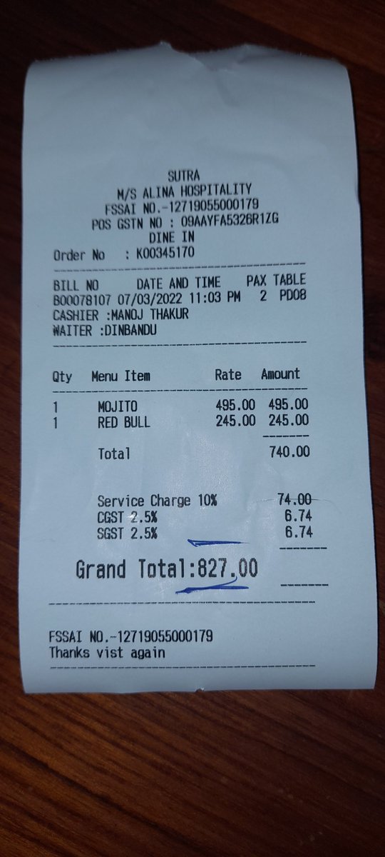 Deepshi32366636's tweet photo. Illegal pocketing of service charge by @GastropubSutra 
I went to have a good time at @GastropubSutra on 7 th March,2022 at 10:40 p.m.
 I  was compelled to pay service charge by @GastropubSutra despite knowing the fact that customer can't be compelled to pay the same. https://t.co/n50PO3vr6Q