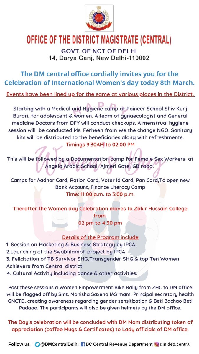 DMCentralDelhi's tweet photo. The District Administration Central office cordially invites you for the Celebration of International Women's Day.

#InternationalWomensDay2022 
#womenempoweringwomen 
#womenempowerment 
#womenpower https://t.co/VOm7o0J26R