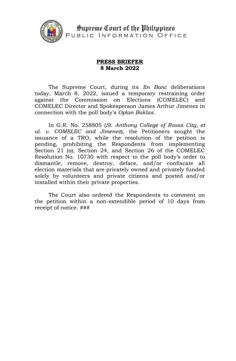 SCPh_PIO's tweet photo. SC Issues TRO against COMELEC's Oplan Baklas
READ: https://t.co/h0uXuIELrM