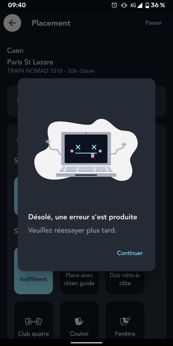 ThibaultCimic's tweet photo. @train_nomad Ouais du coup j'ai capté les travaux mais quand j'veux prendre les solutions données par le site (via l'app) j'ai un message d'erreur (screenshot joint) https://t.co/jfM0TD73jz