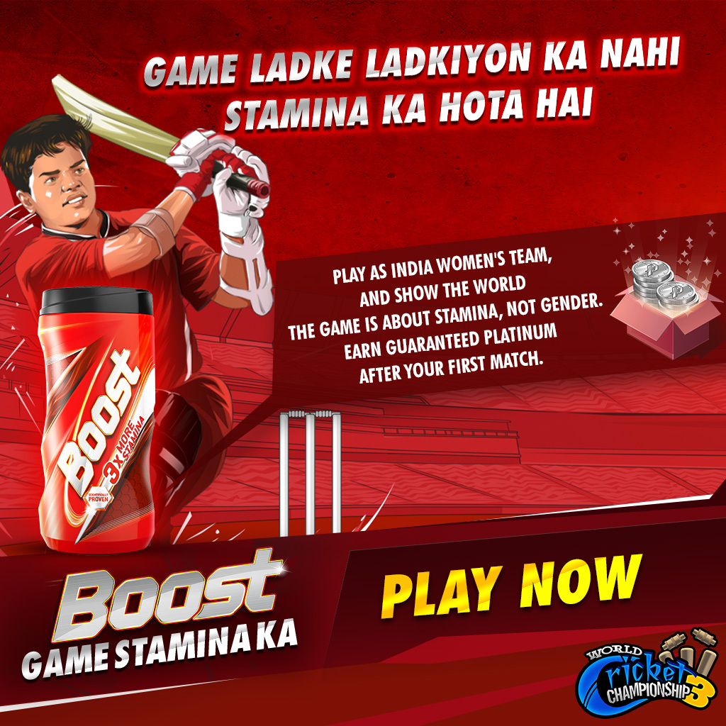 Let's celebrate women's day on WCC3. Play as India Women's Team, and show the world THE GAME IS ABOUT STAMINA, NOT GENDER. Earn guaranteed Platinum after your first match.

#GameStaminaKa #Boost #WCC3 #WomensCricket #MixedCricket #thebestneverrest