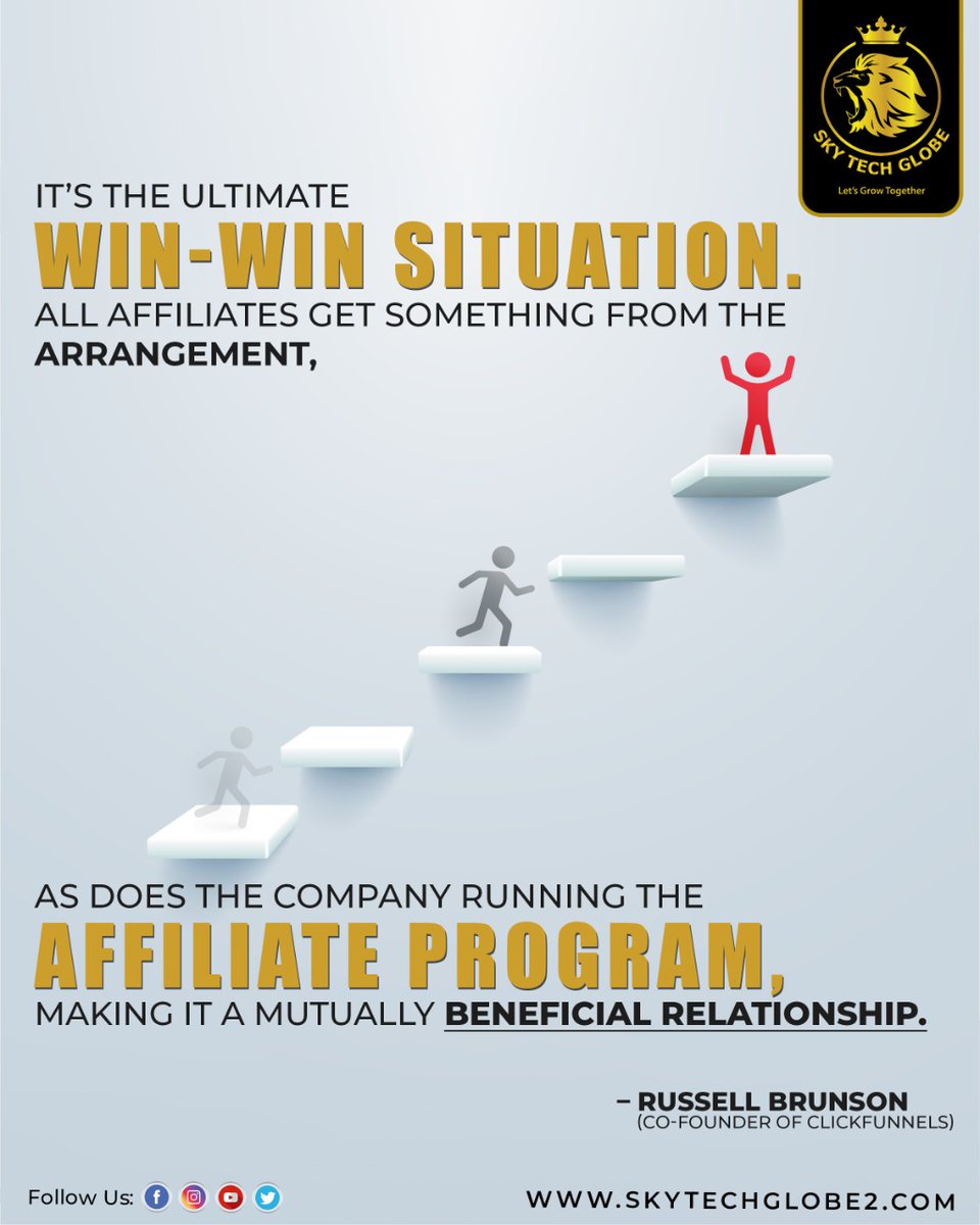 Skytechglobe1's tweet photo. It’s the ultimate win-win situation. All affiliates get something from the arrangement, as does the company running the affiliate program, making it a mutually beneficial relationship.– Russell Brunson, Co-Founder of ClickFunnels
visit us:-https://t.co/mV5GCEguR0
#skytechglobe https://t.co/k2gfHfWbI1