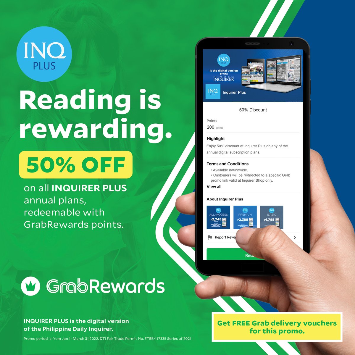 inquirerdotnet's tweet photo. Be fully informed at half the cost. Save 50% on any Inquirer Plus annual subscription plan by using your Grab rewards points.
Check it now! https://t.co/T7JcFQO5n2
#InquirerPlus
#GrabRewardspoints
#digitalsubscriptions https://t.co/AV8MRZsUxD