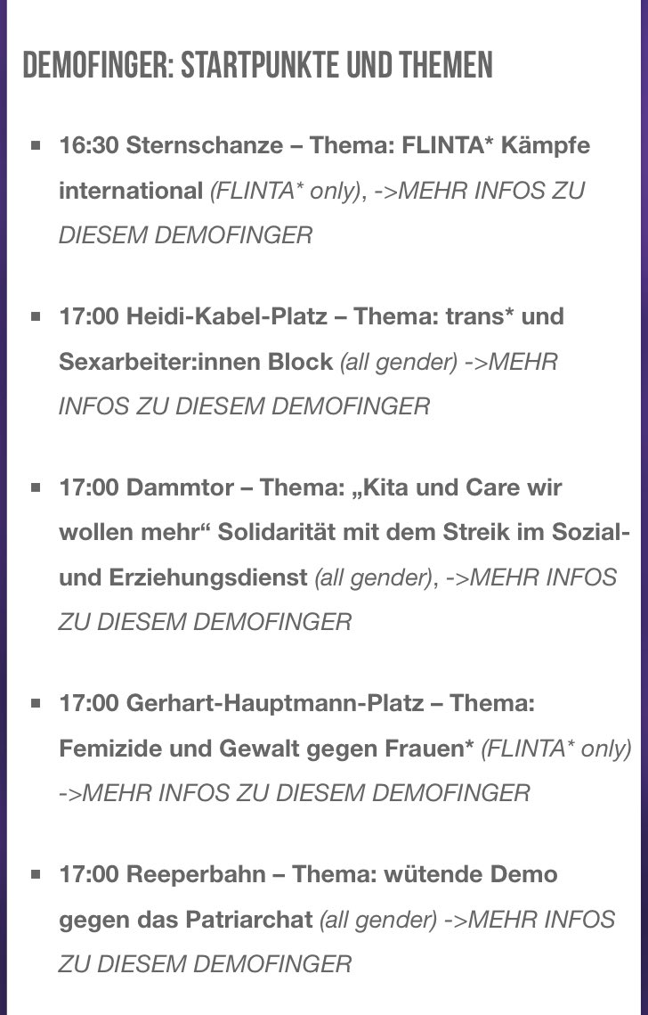 Euch allen einen kämpferischen 8. März!! Wir freuen uns auf euch 💜 

Hier nochmal eine Übersicht der Demofinger, die Abschlusskundgebung ist um 18:30 Uhr am Jungfernstieg (FLINTA* only)

#8mHamburg #ichstreike8m #8März #hh0803