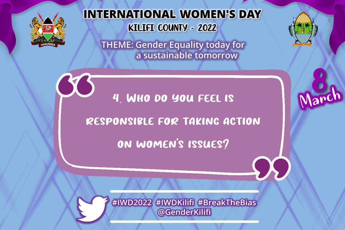 GenderKilifi's tweet photo. Q.4. Who do you feel is responsible for taking action on women's issues?
#BreakTheBias
#IWDKilifi
#IWD2022 @Georgina_Dulu1 @PlanKenya @StawishaP @kilifi_youth @unwomenkenya @WEF_kenya https://t.co/PUXrTLmXcv