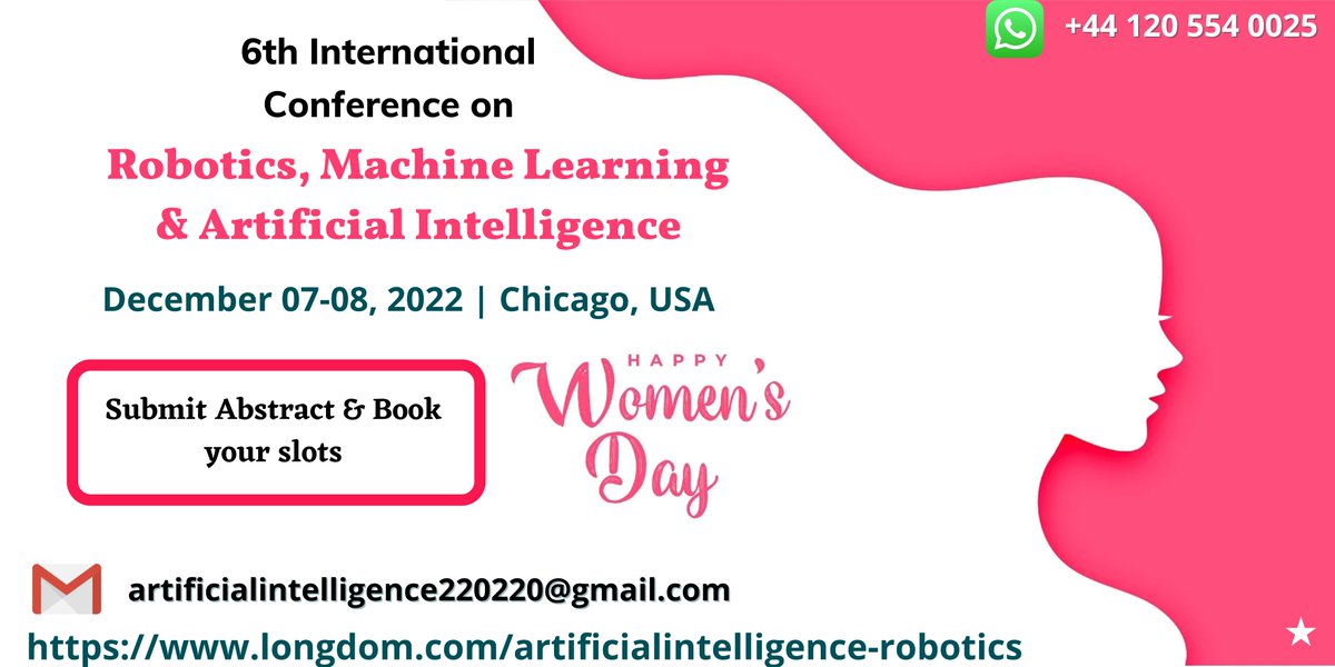 AI_Robotics2022's tweet image. Happy women's day
Join us & Meet our experts at the 6th International Conference on Robotics, Machine Learning & Artificial Intelligence on Dec 07-08, 2022 @ Chicago, USA
longdom.com/artificialinte…
E: artificialintelligence220220@gmail.com
W: +44 120 554 0025
