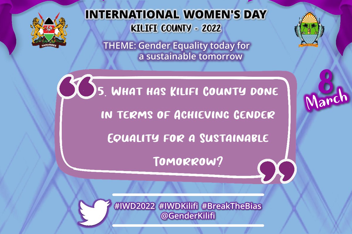 GenderKilifi's tweet photo. Q.5. What has Kilifi County done in terms of Achieving Gender Equality for a Sustainable tomorrow?
#BreakTheBias
#IWDKilifi
#IWD2022 @governorkingi @Ysd_kilifi @PlanKenya @KeshoKenya @AngazaKilifi @Leaders4Impact @kilifi_youth @003CountyGender https://t.co/q31HHGkUwO