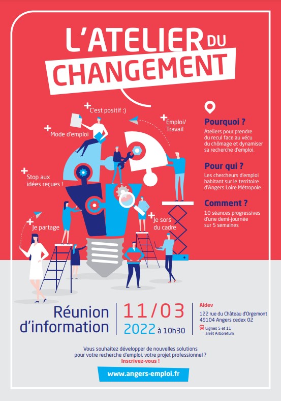 Angers_ALDEV's tweet photo. #EMPLOI l Atelier du changement d' #Aldev
➡️Objectifs : reprendre confiance en soi et dynamiser sa recherche d'emploi
🗓️Réunion d'information le 11 mars 2022
👉En savoir + https://t.co/aXzwwoIZLD
#angers #ecoangers https://t.co/SFNEcXkZPE