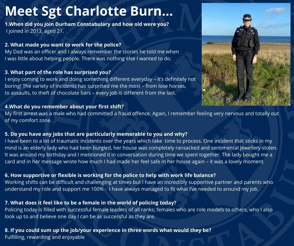 DurhamPolice's tweet photo. Meet our women on the frontline.

This #IWD2022 we’ll be sharing the stories of six inspiring women who have incredible stories to tell about their service so far.

Meet Sgt Charlotte Burn, from Consett NPT who joined us in 2013, aged 21 👇

#BreakTheBias @Policing_STAR https://t.co/qY4vrmSrvE