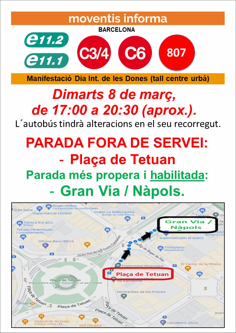 MoventisInfo's tweet photo. 🛑 BARCELONA 📆 Avui, dimarts 8 de març, de 17:00h a 20:30h (aprox.), les 🚍 #e11_1 #e11_2 #C3_4 #C6 #807 #808 de #Moventis_CASAS tindran alteracions en el seus recorreguts ⛔ a causa de la 🎗 Manifestació #8M2022
Parada habilitada Gran Via / Nàpols: https://t.co/0aAkSoZQfx https://t.co/HRzRin89qC