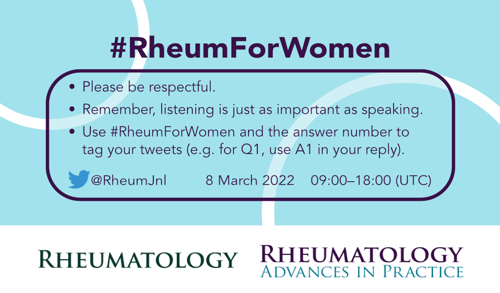 RheumJnl's tweet photo. Happy #InternationalWomensDay and thanks for joining us 🎉 
Really looking forward to great conversations around women in rheumatology. Everyone is welcome 😊 
There'll be questions throughout the day, 1st one coming up
A few housekeeping notes 👇 
#RheumForWomen @RheumatologyUK https://t.co/0TUZIy4YqY