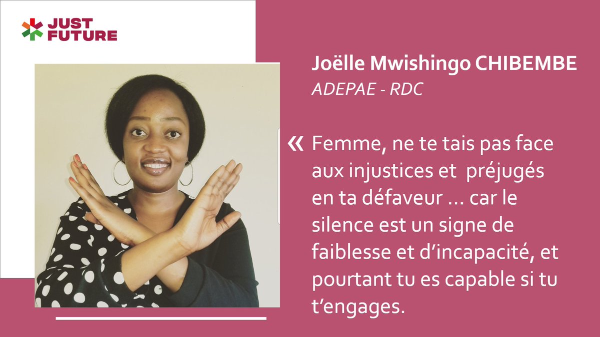Just__Future's tweet photo. Joëlle works with ADEPAE towards societal harmony, without ethnic or gender prejudice, by fighting against injustices and inequalities that victimize women and young people.

Joëlle educates for peace and influences policies to encourage equality and justice for all.

#IWD2022 https://t.co/p9SB2wqyia