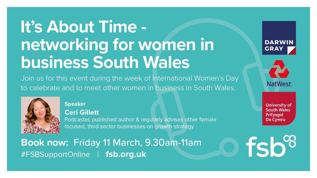 FSBSouthWales's tweet photo. Last chance!📣

✨We're so excited to welcome Ceri Gillett @thiswelshmother as our guest speaker at the 'It's About Time....' online networking event on 11 Mar for #IWD2022 with @DarwinGrayLLP @USWExchange
@NatWestBusiness @FSB_Wales

ALL welcome! BOOK 👇
https://t.co/1Sr75sr2Ei https://t.co/CE1iJ1lmRn