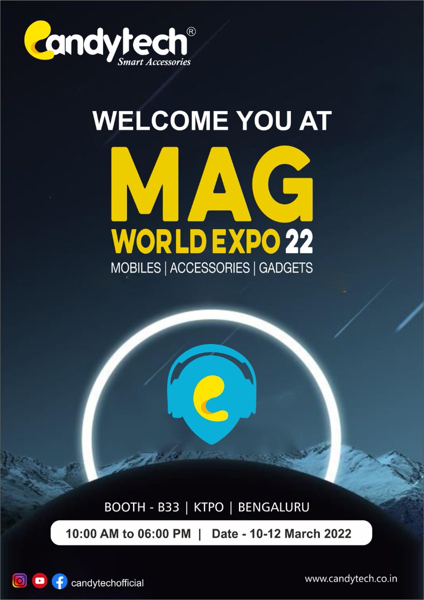 magworldexpo's tweet image. Meet the team from @Candytechindia at MAG WORLD EXPO 2022. Happening between the 10th and 12th of March 2022 at KTPO, Bengaluru, this unique trade fair is dedicated to the smartphones, gadgets and accessories. Register now to visit: 
register.magworldexpo.com
#Candytech #neckband