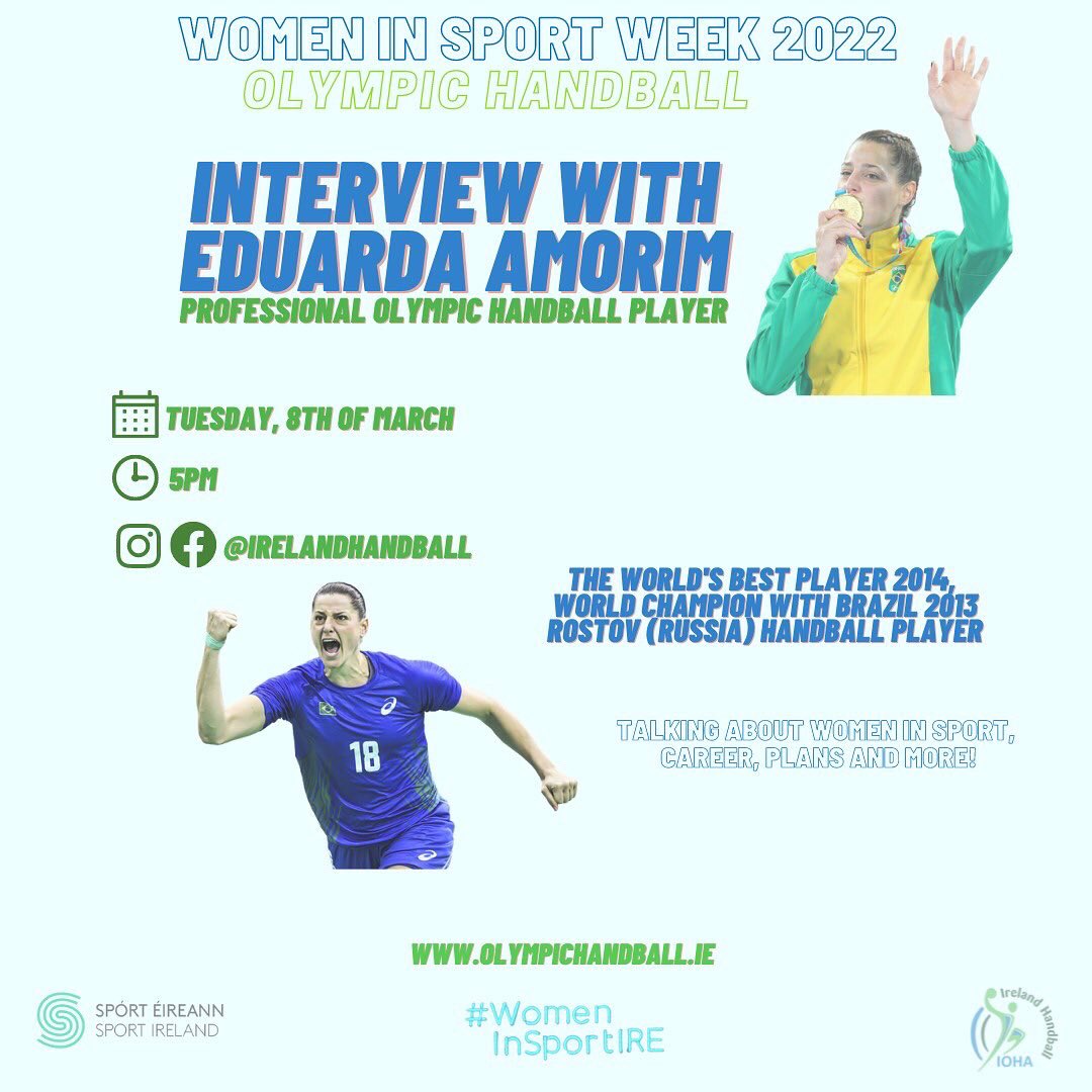 Happy International Women’s Day! 

And today we have the release of the interview with Duda Amorim (<a href="/duda18amorim/">Eduarda Amorim</a>) at 5pm in our Social Media platforms! 

<a href="/sportireland/">Sport Ireland</a> 

#womeninsportweek2022 #handballireland