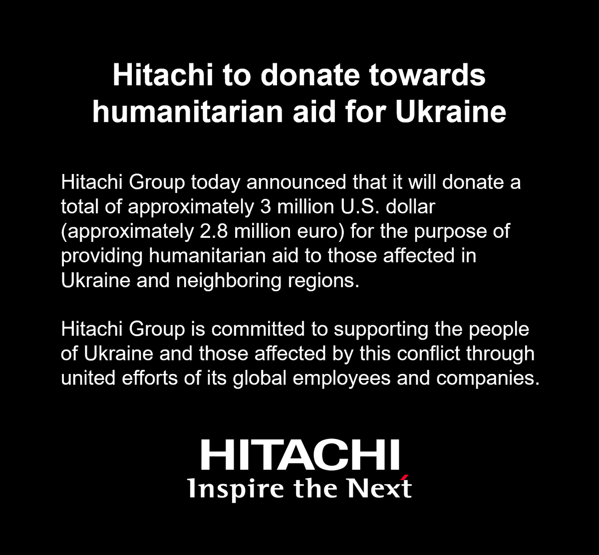 Hitachi's tweet photo. News Release – Hitachi to Donate towards Humanitarian Aid for Ukraine
https://t.co/P3j5kOGobf https://t.co/PgYlGFwLmP