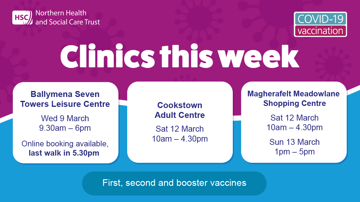 NHSCTrust's tweet photo. Vaccination clinics this week 👇

Online booking available for Ballymena - https://t.co/dzT1jCUQ2l

Cookstown and Magherafelt are walk in clinics only.

⏺ First doses 5+ ⏺ Second doses 12+ ⏺Boosters 16+

@MidUlster_DC @mea_bc https://t.co/UEBJviRRLn