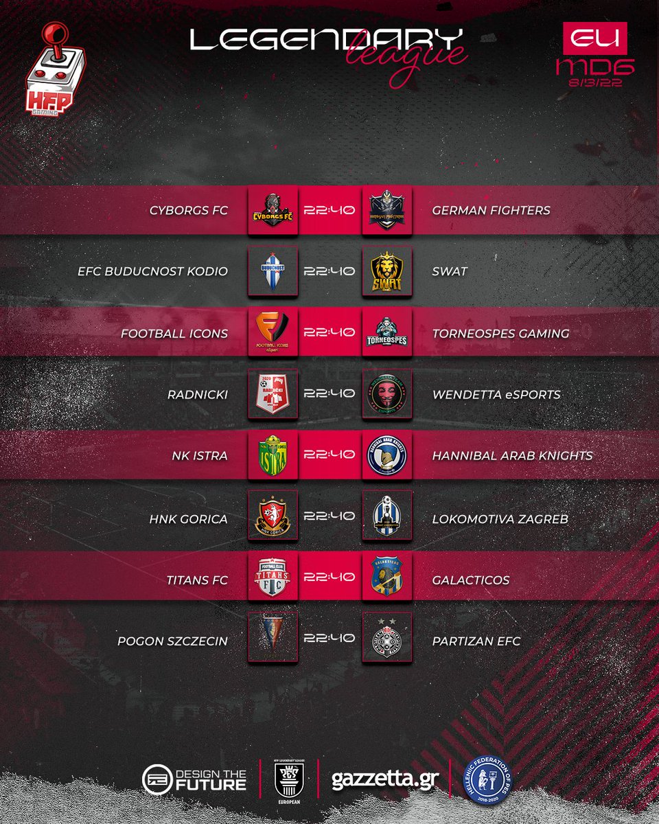 Hellenic_Pes's tweet photo. 🏆 HFP European League®️ / 4th Season
📅 Tuesday 8 March / 🕙 22:00 & 22:40 CET
📍 Week 2 / MatchDay 5 & 6
🌐 https://t.co/SngHq7ncHQ
💬 "You can't win unless you learn how to lose."
HFP - Editing Team | https://t.co/h6hKkh0JhK | #HFPG https://t.co/6WcOOMcHjx