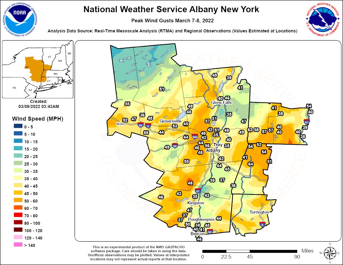 NWS Albany on Twitter "Here is a map and list of peak wind gusts from
