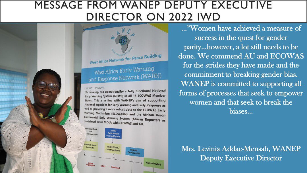 WANEP_Regional's tweet photo. Today is #InternationalWomensDay!

Please find below excerpts from a message from Mrs Levinia Addae-Mensah, WANEP’s Deputy Executive Director.
Access the full video here ➡️ 🔗 https://t.co/g4KQMCKWt5

#IWD2022 #BreakTheBias https://t.co/BPb6gJpwSA