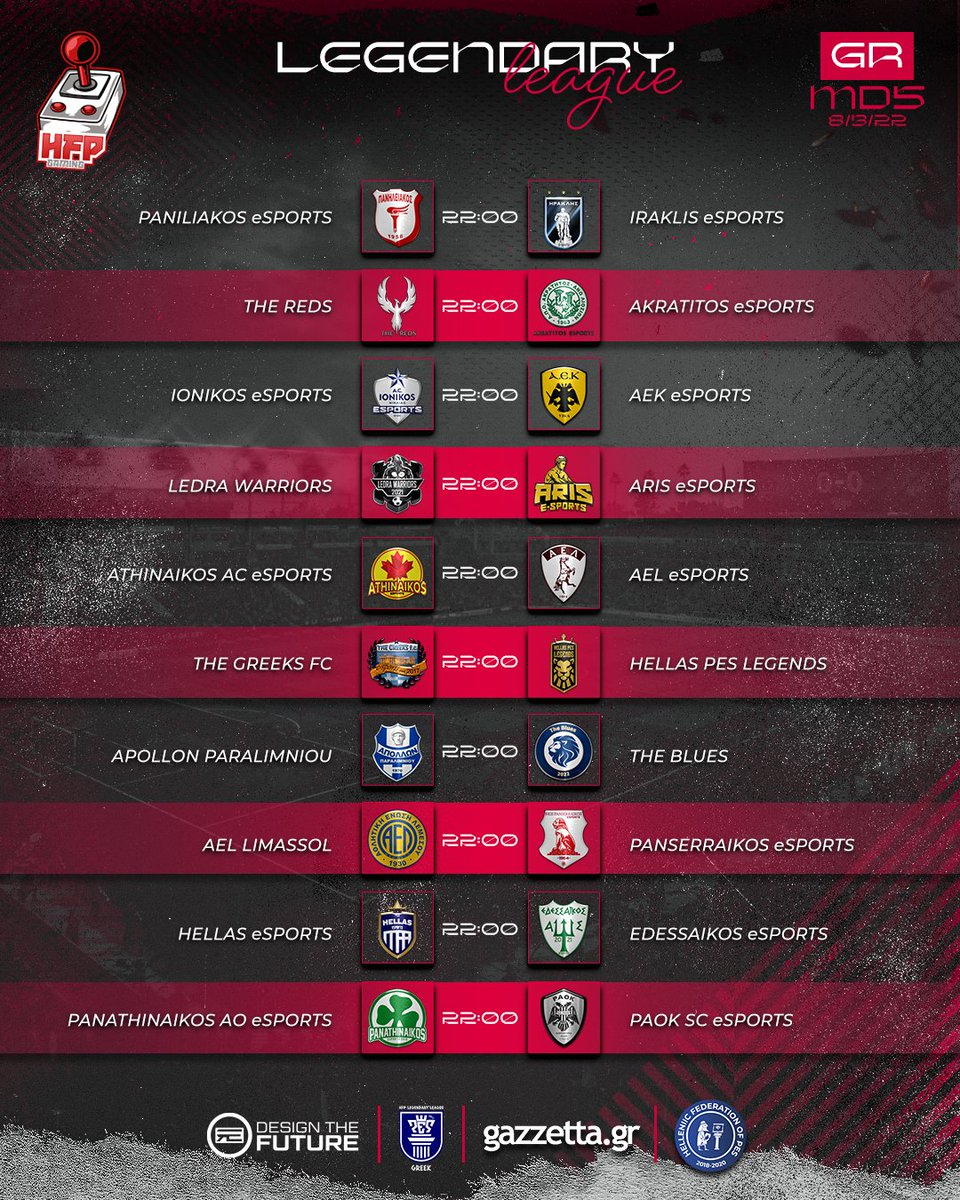 Hellenic_Pes's tweet photo. 🏆 HFP Hellenic League®️ / 4th Season
📅 Tuesday 8 March / 🕙 22:00 & 22:40
📍 Week 2 / MatchDay 5 & 6
🌐 https://t.co/SngHq7ncHQ
💬 "You can't win unless you learn how to lose."
HFP - Editing Team | https://t.co/h6hKkh0JhK | #HFPG https://t.co/d3UZIO1ut5