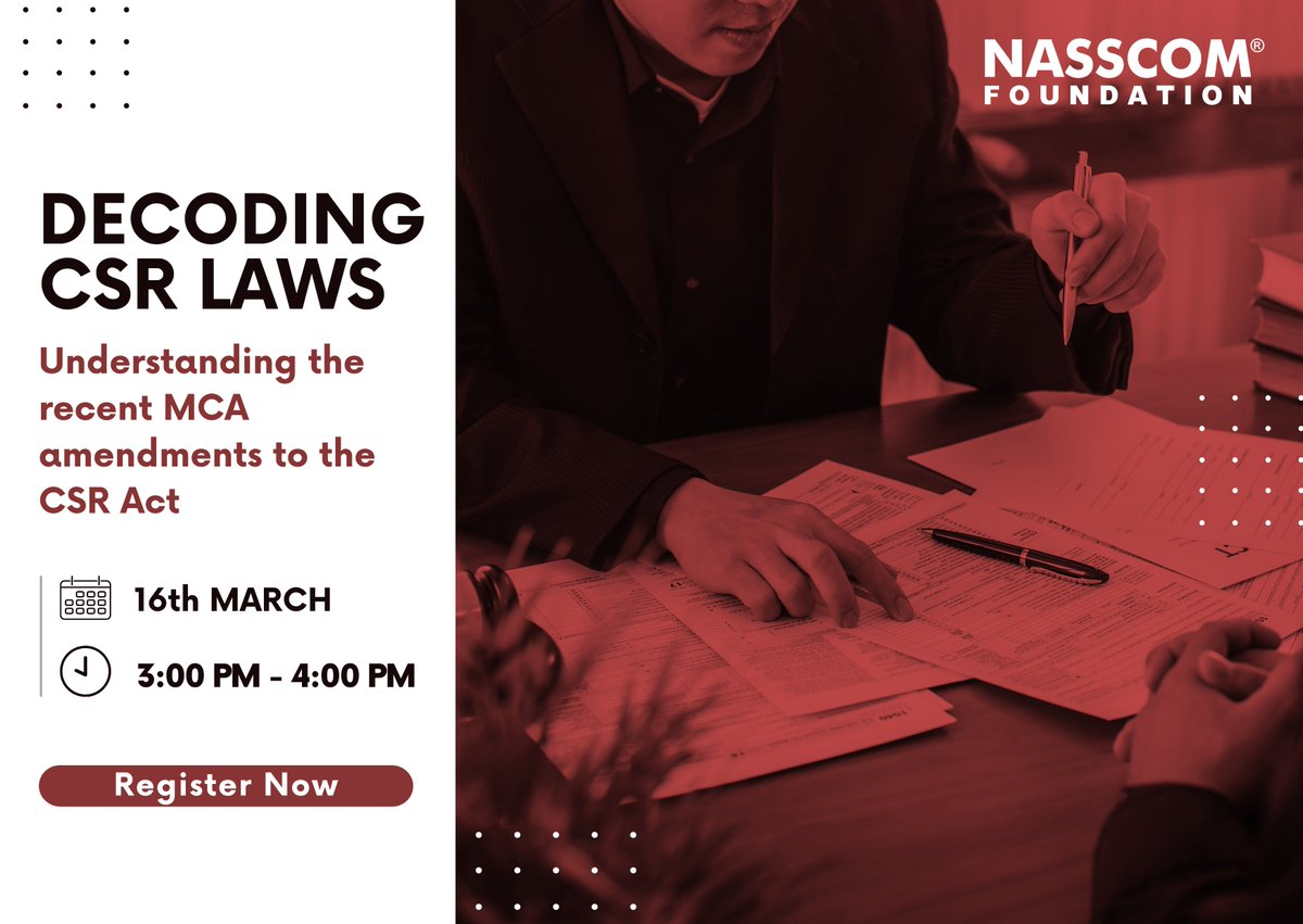 nasscomfdn's tweet photo. Join us for this session, where we will help you understand the latest amendments of the #CSR Act.

Date: 16th March 
Time: 3 PM - 4 PM
Register Now: https://t.co/4bChkq16aU

#CSR #CSRact #CSRLaw #responsibility #Tech #TechForGood #Impact #technology #ImpInv #socialgood https://t.co/UlLeiF7OSM