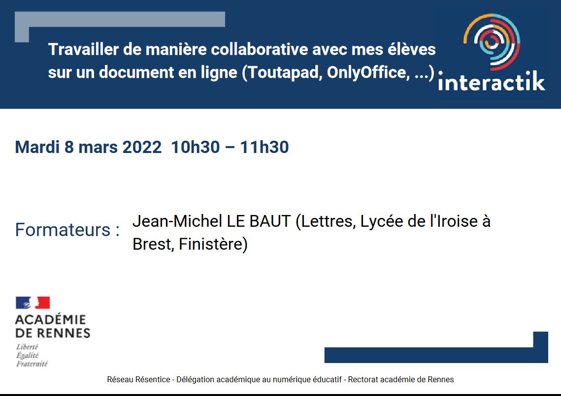 jmlebaut's tweet photo. Faire le choix d'un environnement numérique de confiance : nouvelle journée académique de visioformation aux services Toutatice @acrennes  avec @resentice @interactik #ecriturecollaborative #espacespartagés #communautéapprenante
https://t.co/DVS1chLHMm https://t.co/Qj5NQ1jEqS